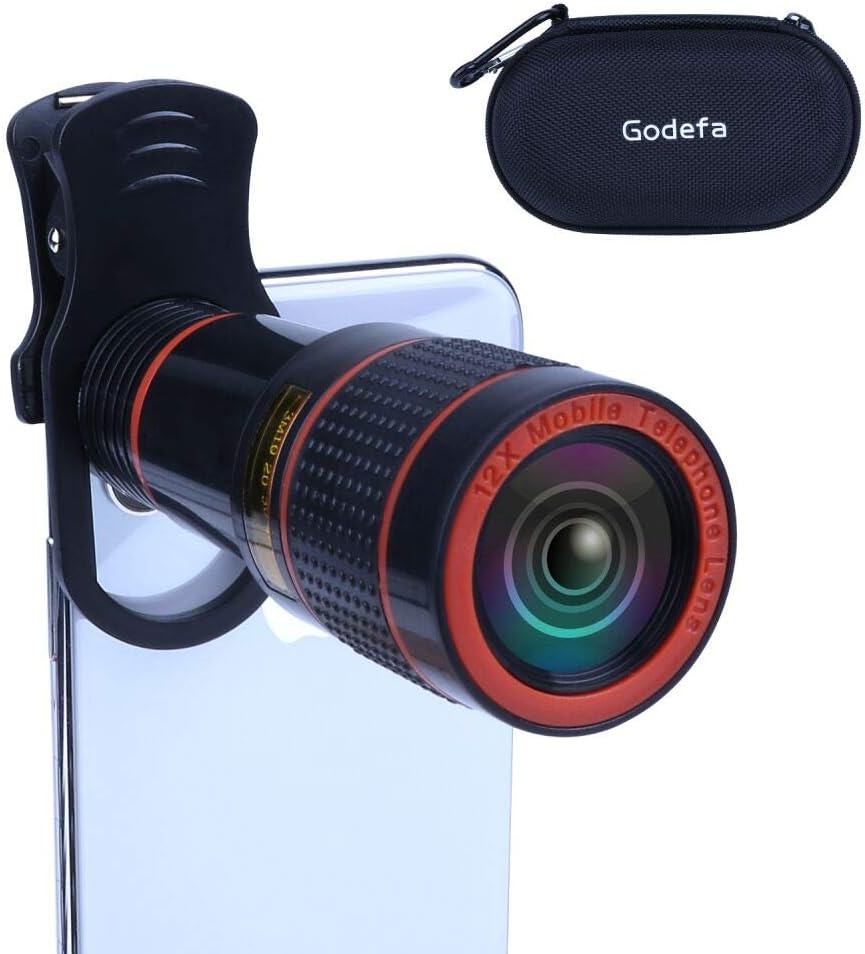 Godefa 12X Optical Lenses Telephoto Cell Phone Camera Lens Universal Clip On Lens Kit for iPhone X/8/7/6S/6 Plus/5/4,Samsung, Android and Other Phones