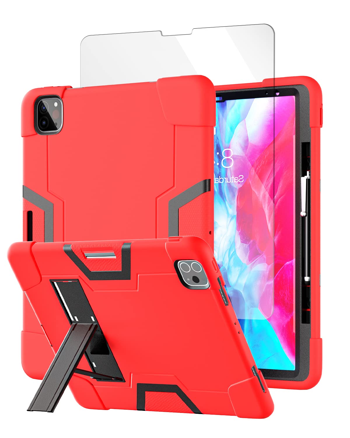 iPad Pro 12.9" Case 2021 2020 2018,AICase Heavy Duty Hybrid Shockproof Hard Cover Rubber Stand with Screen Protector+Stytus for Apple iPad Pro 12.9-inch (5th, 4th & 3rd Gen)
