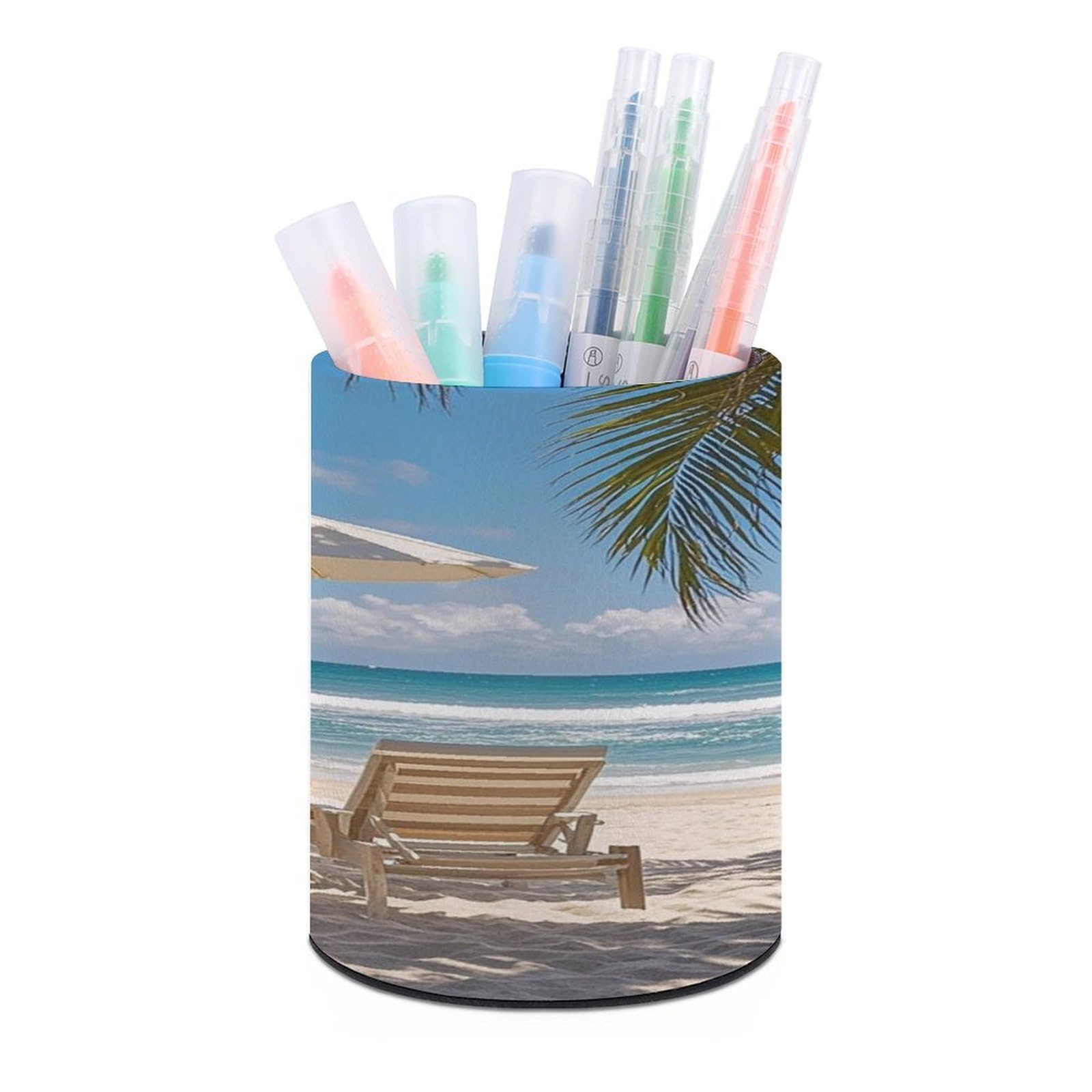 Ocean Beach Theme Pen Holder Multi-Functional Round Pencil Holder Cute Office Decoration Pen Cups Simple Design PU Leather Paintbrush Cups for Home Office Desk