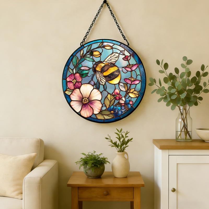 Stained Glass Window Hanging Suncatcher 11.8 in Bee and Floral Colorful Glass Panel Sun Catcher for Window， Window Hanging Decor for Home， Housewarming Gift066