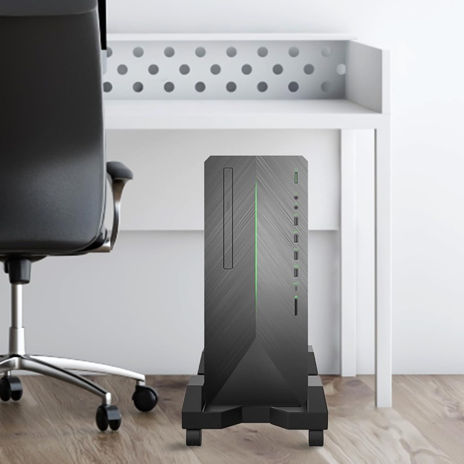 HOMURY Soporte para CPU móvil, soporte para PC para torre de PC, soporte de escritorio con 4 ruedas y base ajustable (negro)