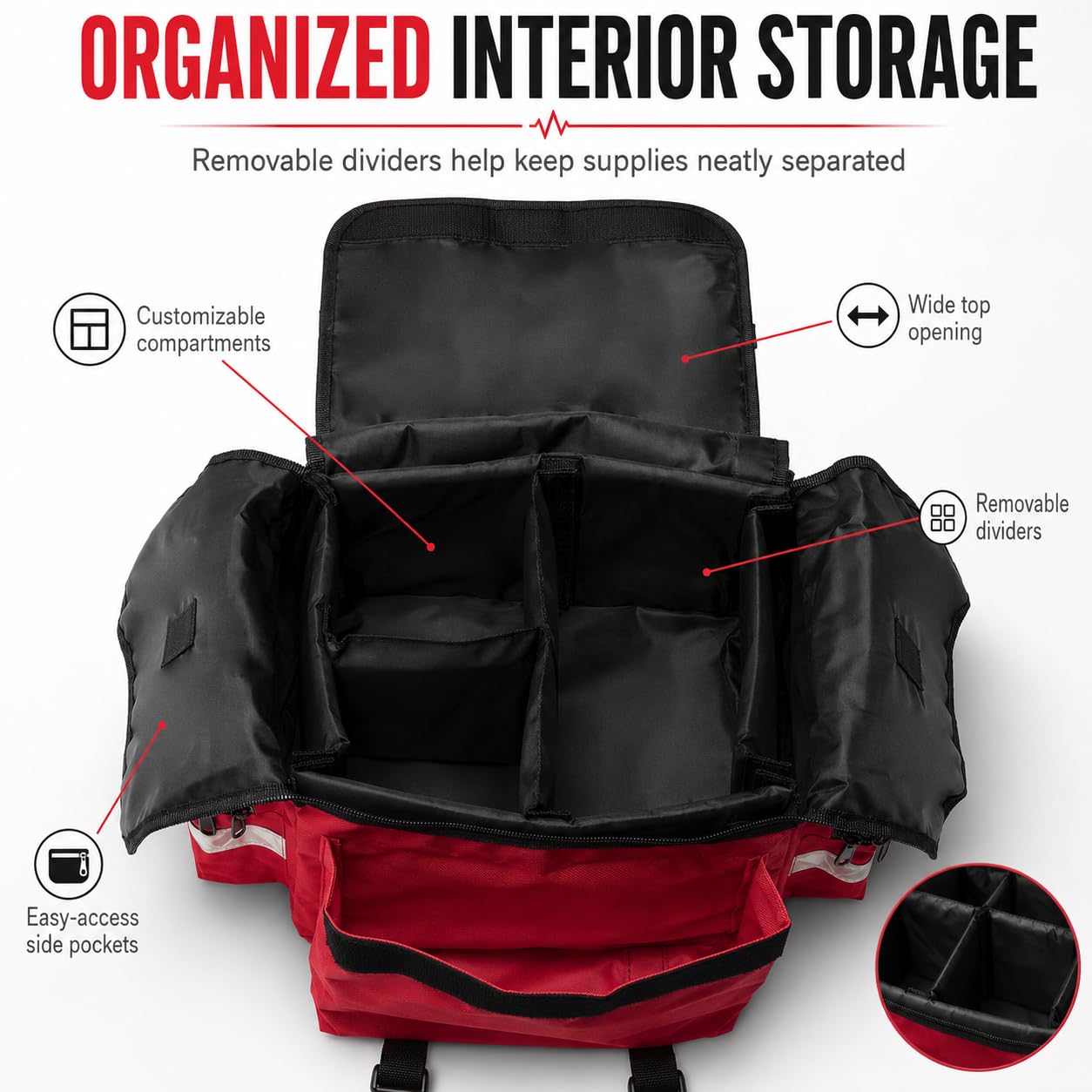 NOVAMEDIC Bolsa de Primeros Auxilios vacía Profesional, Color Rojo, 17 x 9 x 7 Pulgadas, transportador de Primeros Auxilios para traumatismos EMT para paramédicos y Kit de Suministros médicos de