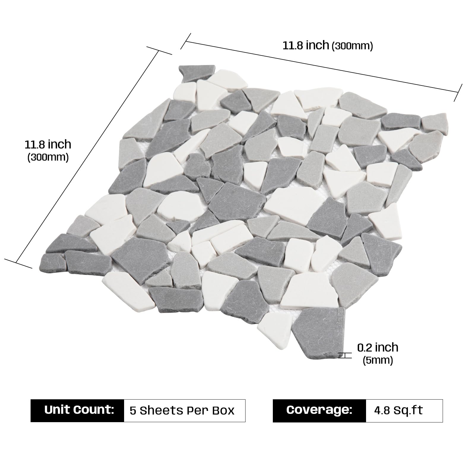 Kieselsteinfliese für Duschboden, grauer geometrischer Kieselstein-Mosaikrückwand für Küche, Badezimmer, Wand- und Bodenfliese und Außenbereiche, 5 Blatt