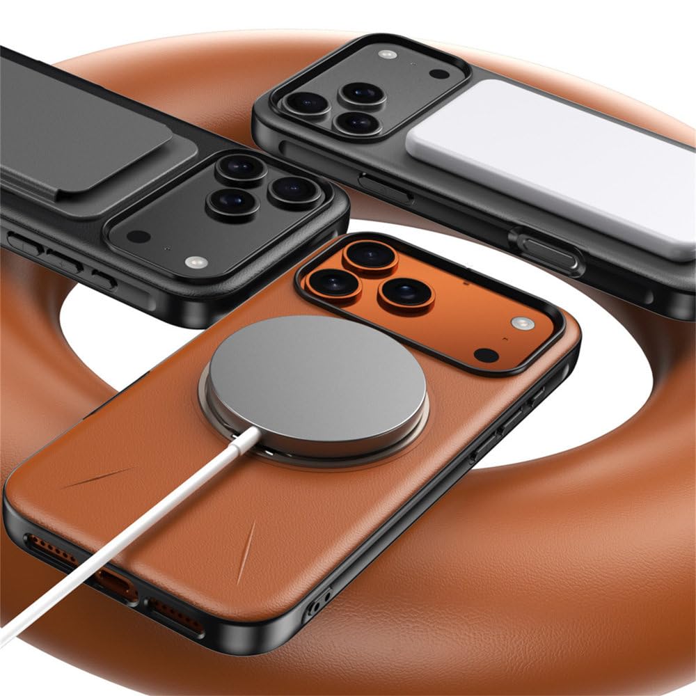 Wytrzymała silikonowa obudowa magnetyczna ze skóry z uchwytem na telefon do iPhone'a 17 16 15 Pro Max 17 Air 16 15 Plus z ładowaniem bezprzewodowym, odporna na wstrząsy, pomarańczowa, do iPhone'a