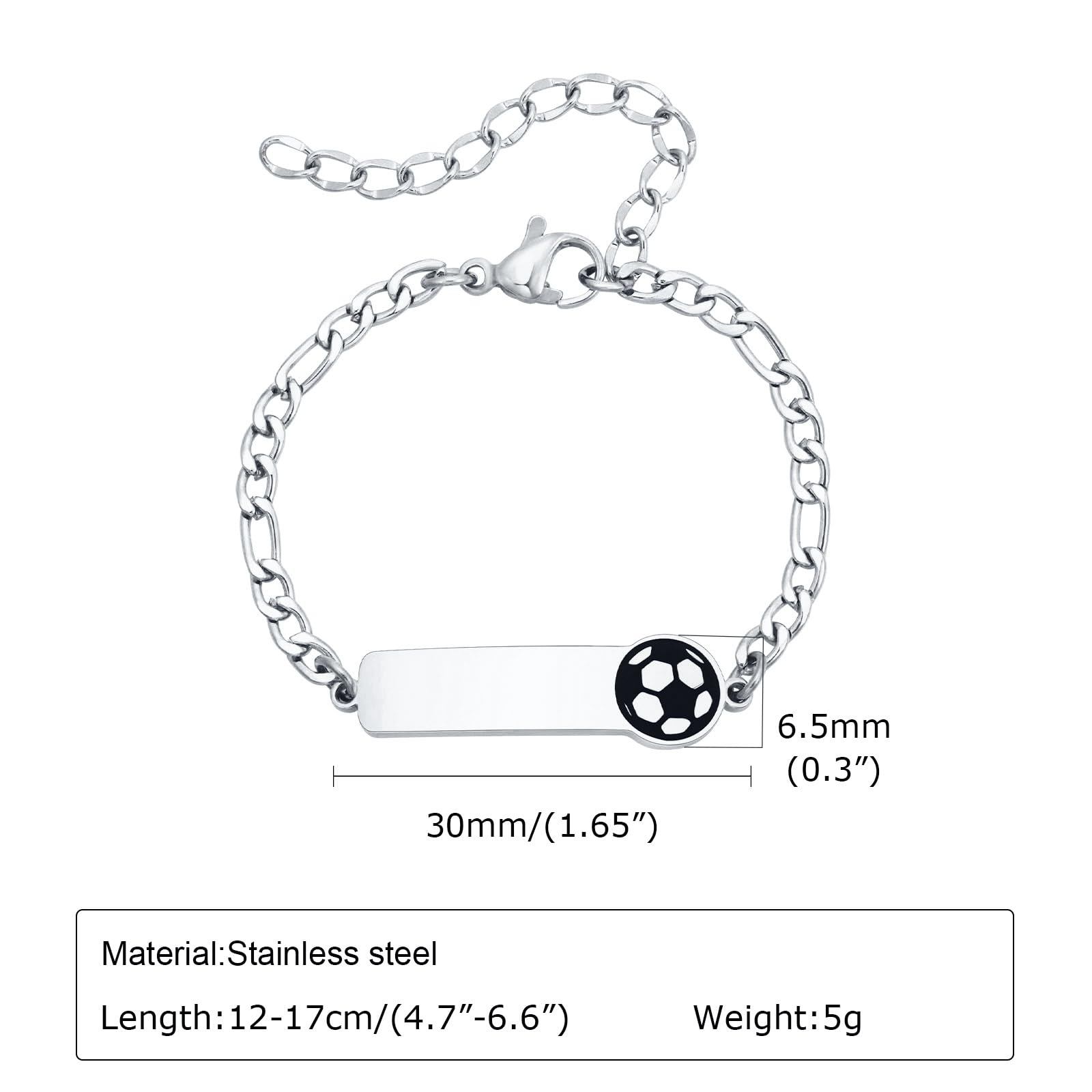 Bracelet Enfant de Football Gourmette Personnalisé - Réglable Acier Inoxydable Bracelet Identification Nom Gravure Figaro Chaîne et Football Cadeau d'Anniversaire pour Enfants Bébés Fille Garcon