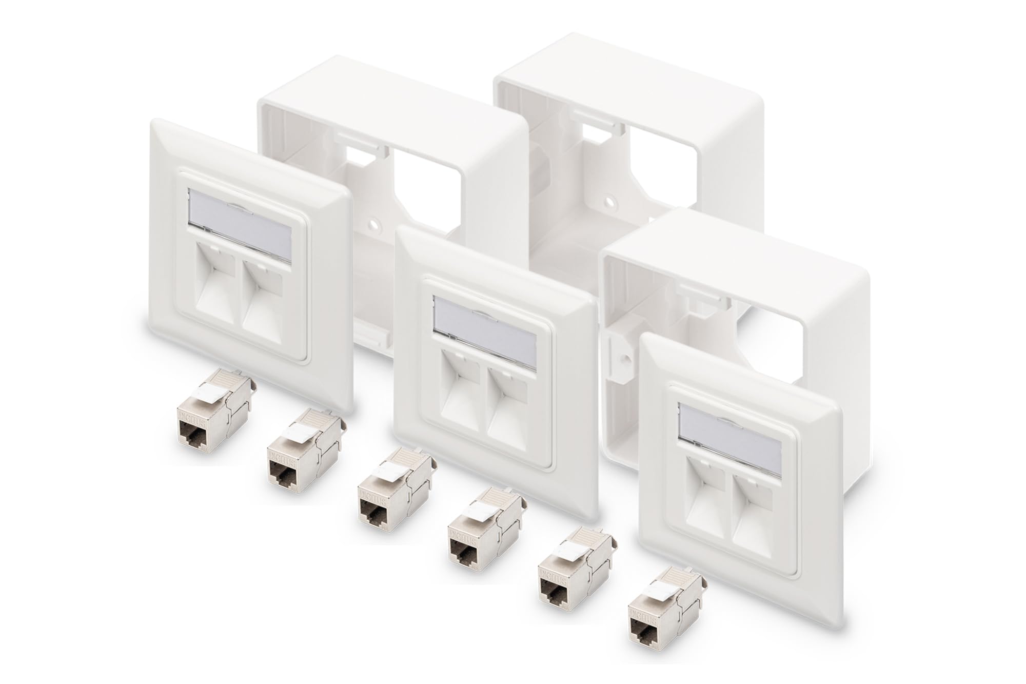 DIGITUS 2-Port Netzwerkdose – 3 Stück – Mit 6x Cat6A Keystone-Modul – Auslass 45° Gewinkelt – Mit Rahmen zur Aufputzmontage – Weiß