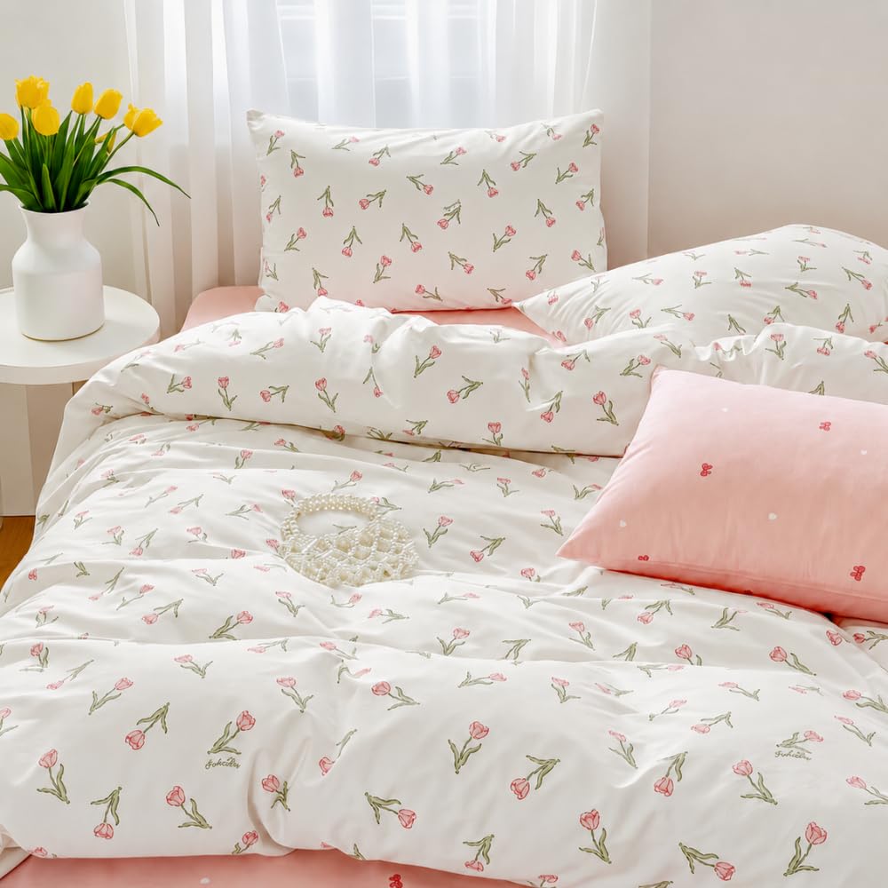 Nayoroom Bettwäsche 140x200 Baumwolle Rosa Tulpen Blumen Wendebettwäsche | Bettbezug Set,Mädchen,Pink,Pflanzenmuster,Blümchen,Floral,Blumenwiese,Aesthetic,ÖKO-TEX,Kissenbezug 70x90,Reißverschluss