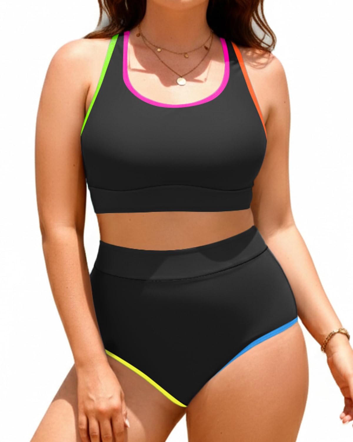 Aqua Eve Plus Size Two Piece High Waisted Bikini Swimsuits Scoop Neck Bikini Set Sporty Bathing Suits