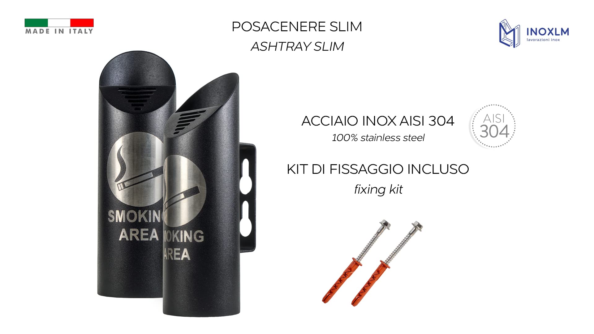 INOXLM Posacenere Portacenere in Acciaio Inox da Esterno Made in Italy da Parete a Muro per abbellimento per Pub Bar Pizzeria Ristorante portasigarette SLIM BALCK