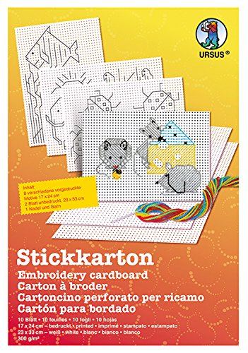 Ursus 15260000 - Stickkarton Bastelset weiß ca. 23 x 33 cm aus Fotokarton 300 g/qm Set mit 8 Blatt in verschiedenen Motiven 2 Blatt ohne Druck Strickgarn und Nadel Mittel