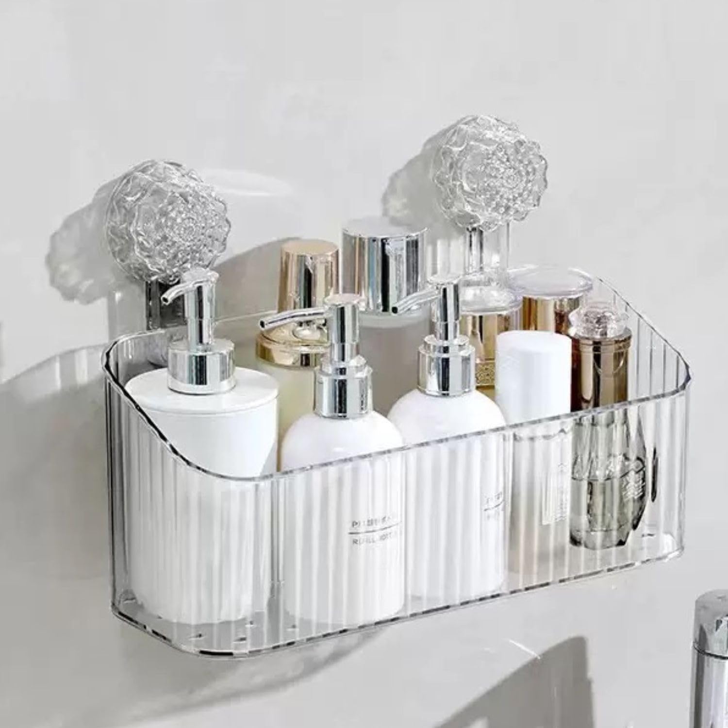 COSTYERT Suction Cup Shower Caddy No Drill Clear Bathroom Shelves PET Bathroom Organizer Glacier Patterned Suction Cup Shelf