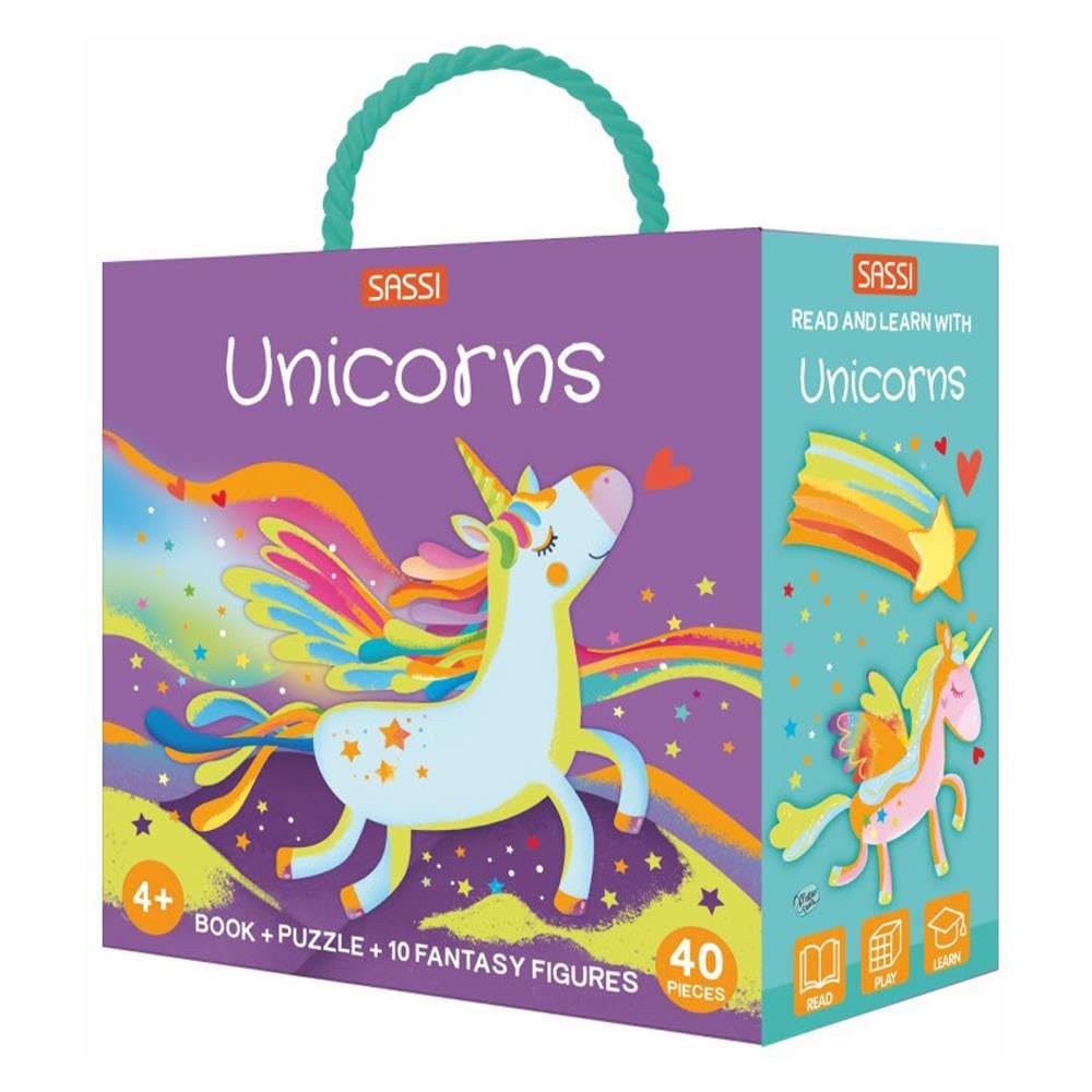 Sassi: Q-Box - Unicorns - Read-Play-Learn Mythical Set, 40pc Puzzle, Booklet, 10 Fantasy Figures, Storage Box, Interactive Educational Fun, Kids 4+