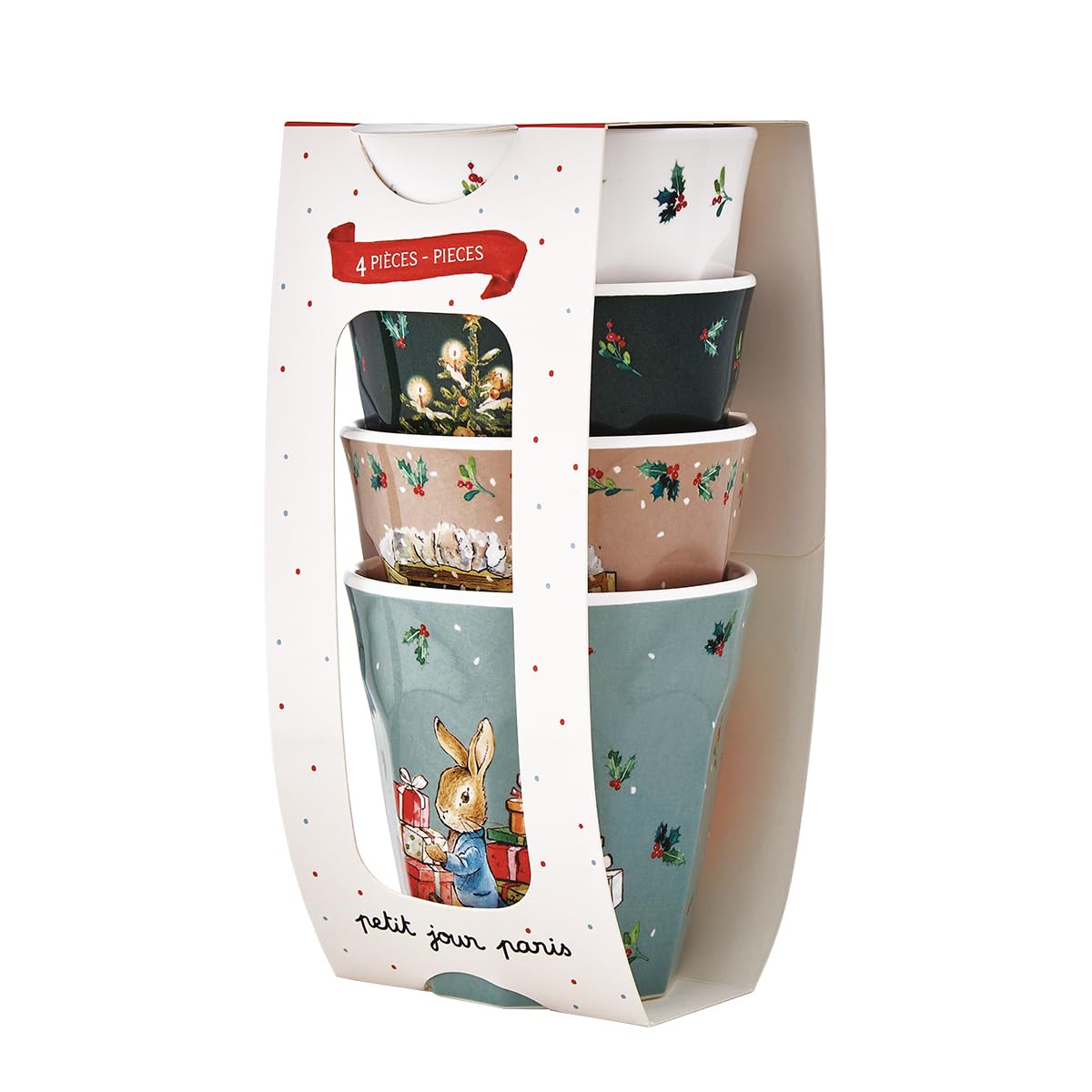 Petit Jour, Set of 4, Melamine Cups, 220 ml, Multi-Colour, Decorative Veneers, Stone Rabbit Christmas, for Hot and Cold Drinks, End of Year Parties
