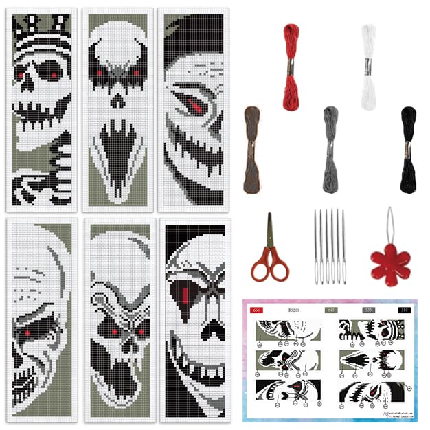 Image of INFUNLY 6PCS Skull Theme Cross Stitch Kit for Beginners 8.5x3 DIY Bookmarks Cross Stitch Kits Black White Horror Embroidery Cross Stitch Kits with Backing Felt Floss Instruction for Book Lovers