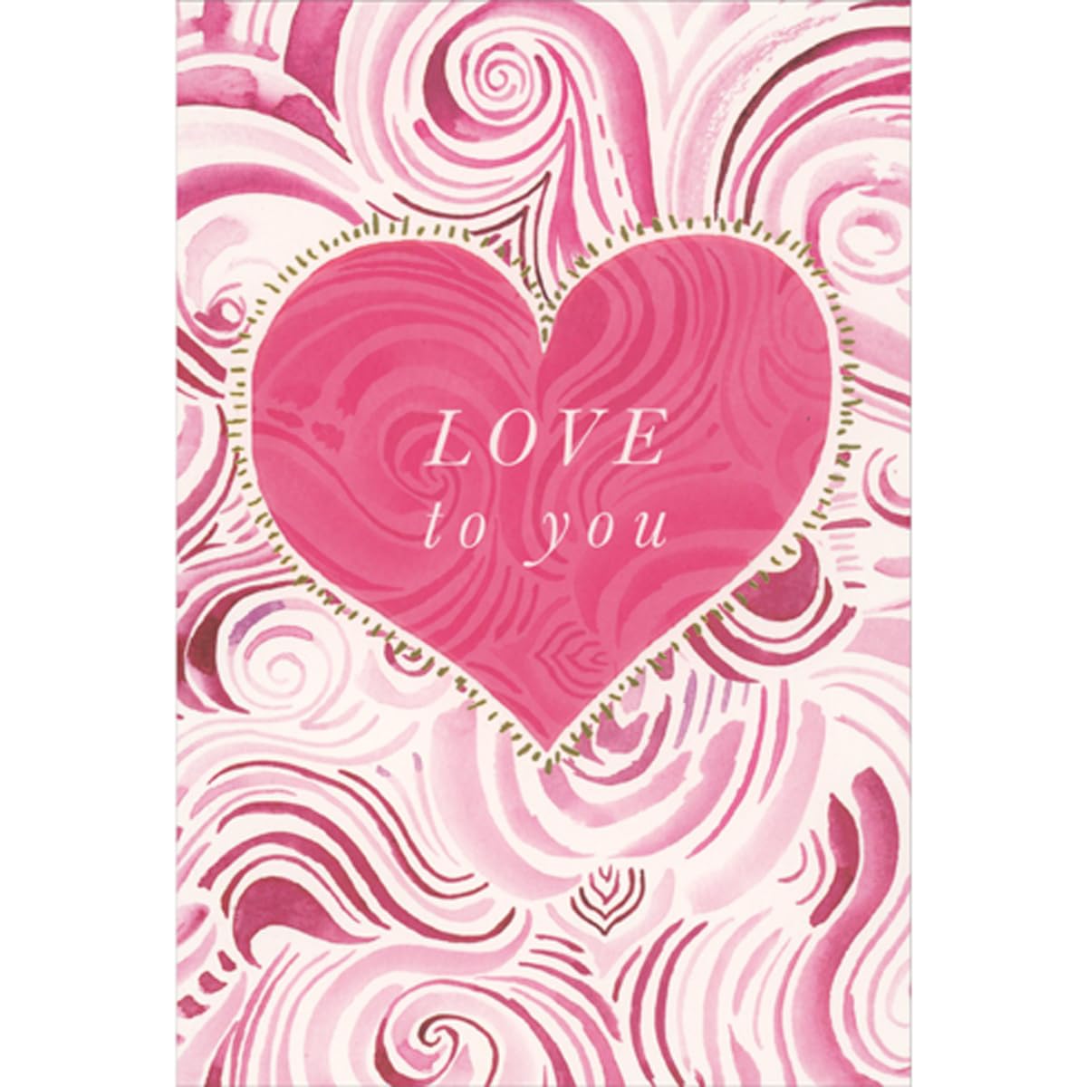 Pictura Love to You: Pink Heart with Gold Dash Border Over Pink Swirls Valentine's Day Card