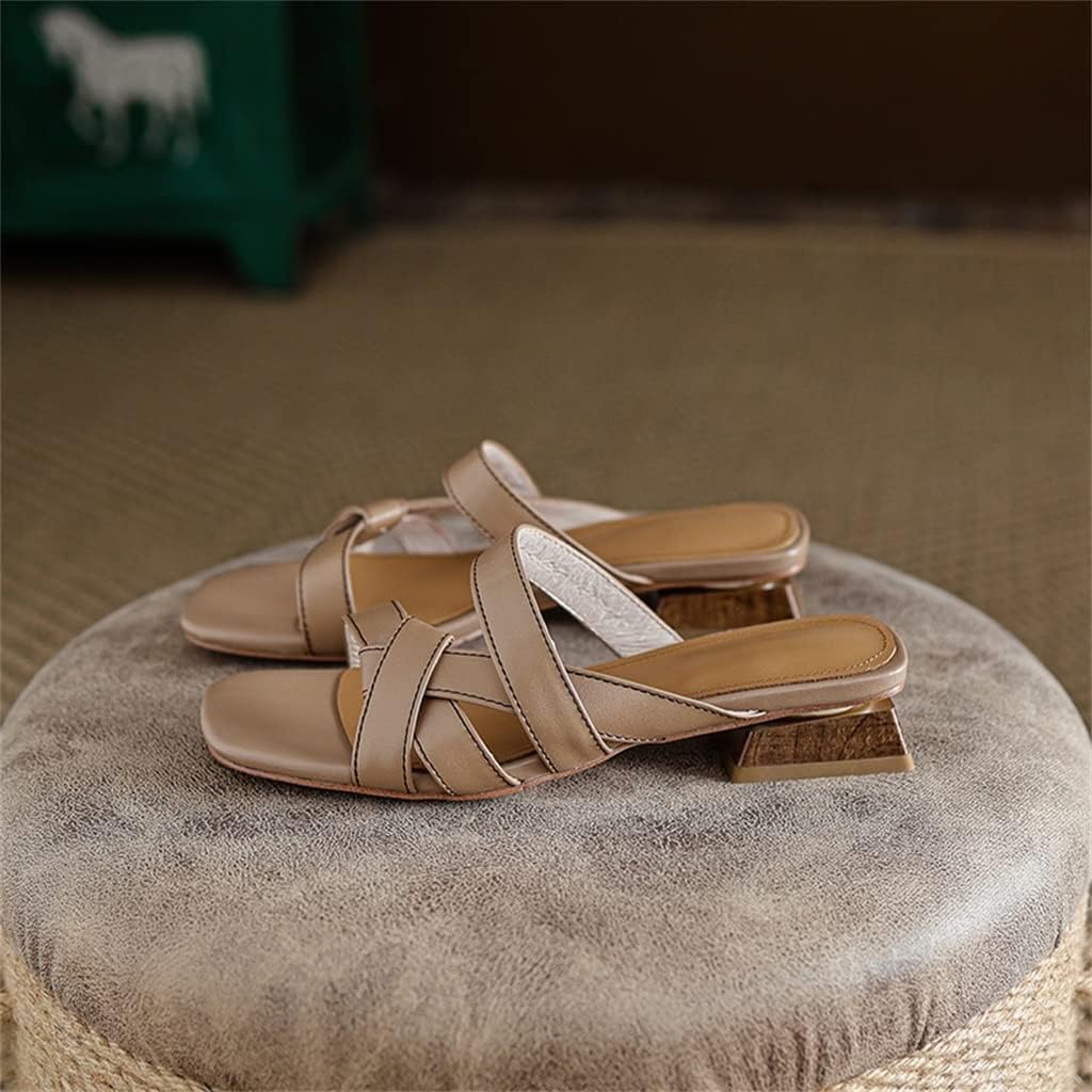 女性用サンダル ローヒール スリッパ ナローバンド 中空 本革