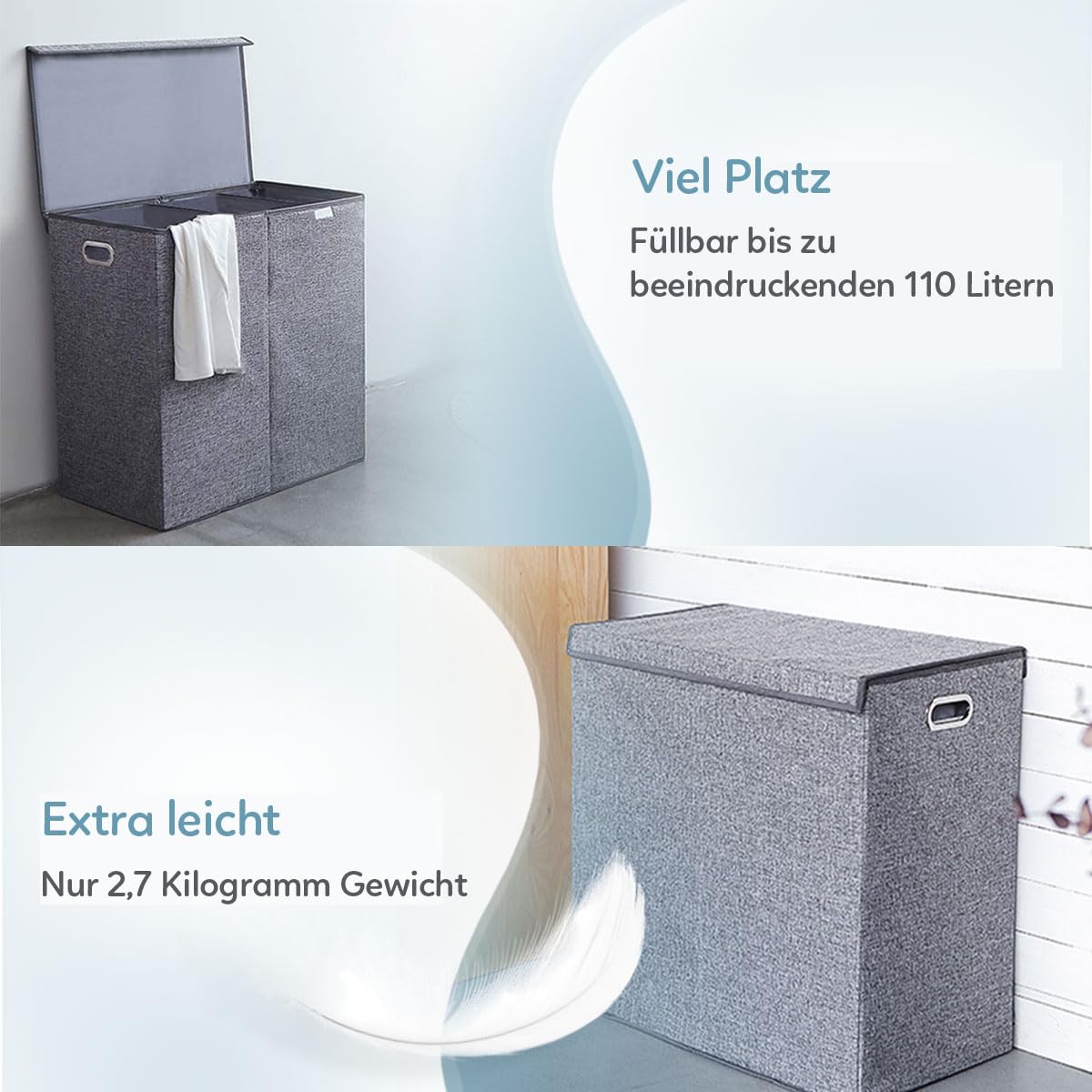 Wäschekorb - 3 Fächer Mit Deckel - Faltbarer Doppelwäschekorb - Wäschebox - Organizer für Kleidung - Stoff - Grau - 110 Liter