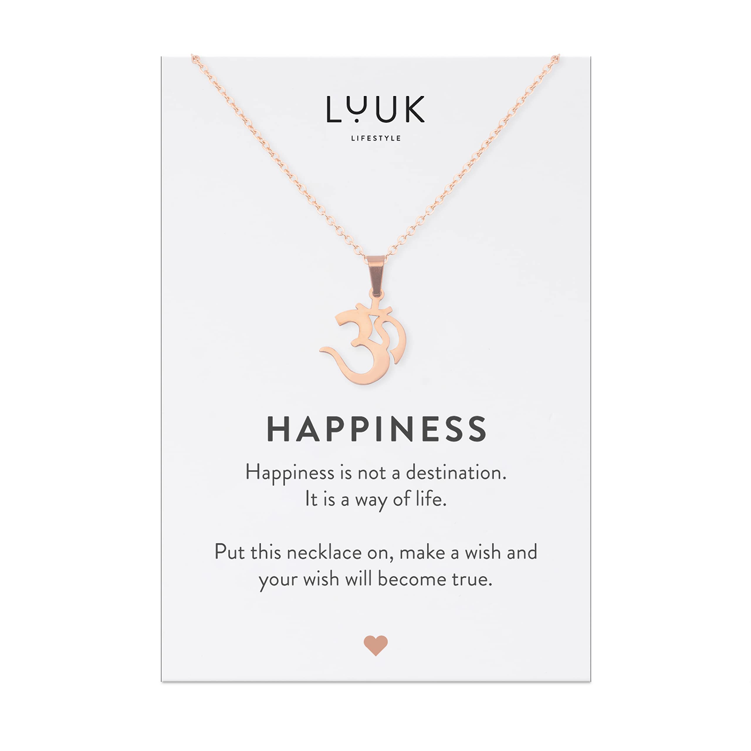 LUUK LIFESTYLE Stainless steel necklace with pendant and HAPPINESS card, 20” adjustable length, lucky charm, friendship chain, Valentine's Day gift,