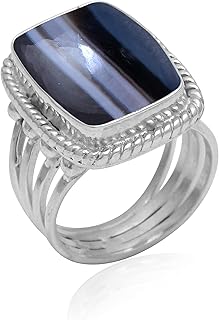 Veracity Jewelry Black Banded Agate Rings For Women - 925 Sterling Silver Black Banded Agate Handmade Jewelry - Natural Black White Gemstone Designer Fashion Jewelry Rings - Beautifully Crafted Trendy Bohemian Rings For Unisex - VSR-817