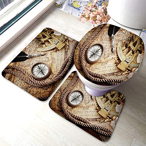 Badezimmerteppich-Set, 3-teilig, Vintage-Voyage-Thema, Lifestyle-Druck, waschbare Badteppiche, rutschfest, mit Rückenpolster, Konturteppich und Toilettendeckelbezug
