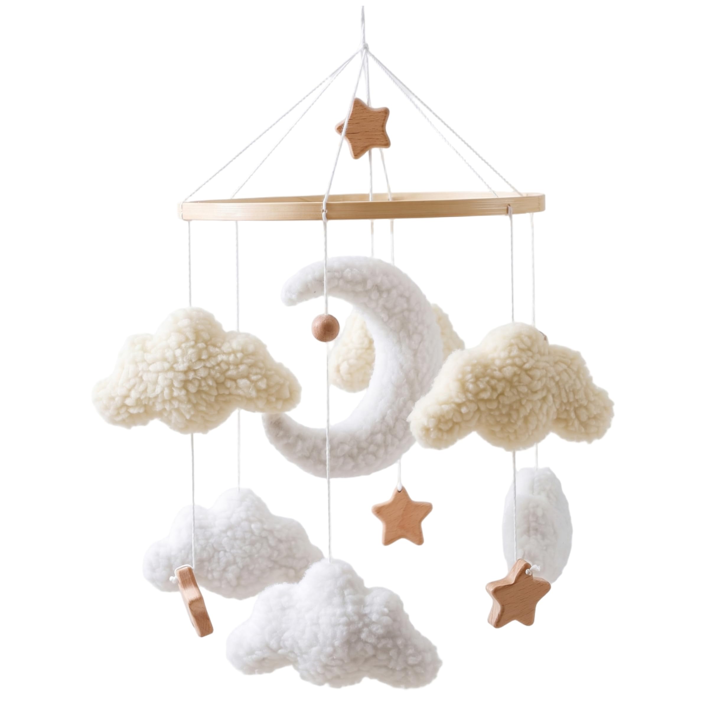 Nukinp Baby Crib Mobile, Hanging Nordic Style Nursery Mobiles With Moon, Clouds & Wooden Stars Baby Mobile for Crib - Beige