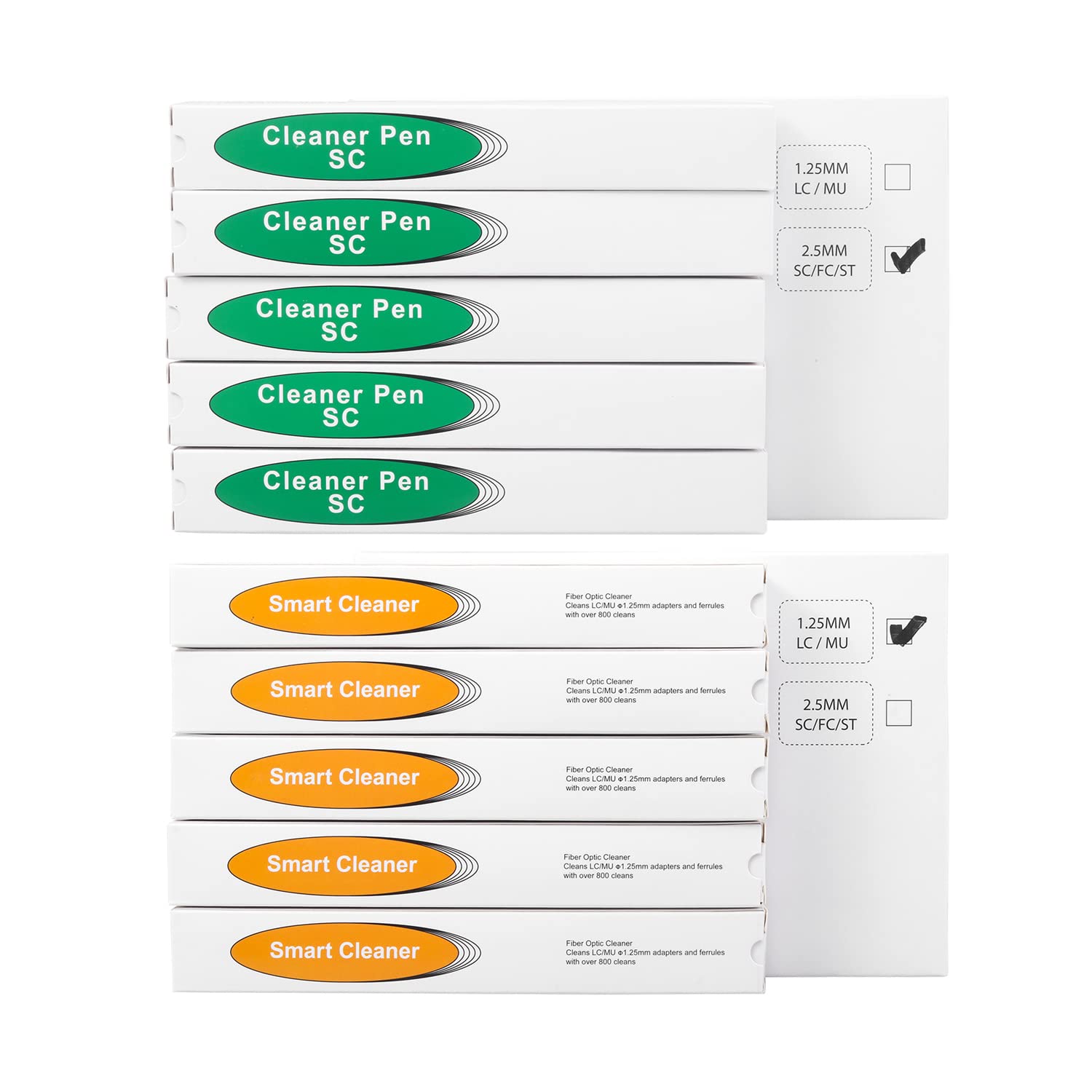 5 Pack Fiber Cleaner Pen for 1.25 mm LC/MU + 5 Pack Fiber Optic Cleaning Tools for 2.5mm SC/ST/FC Connector Over 800 Cleans Fiber End Face Cleans & Optical Connector Cleans (10 PC)