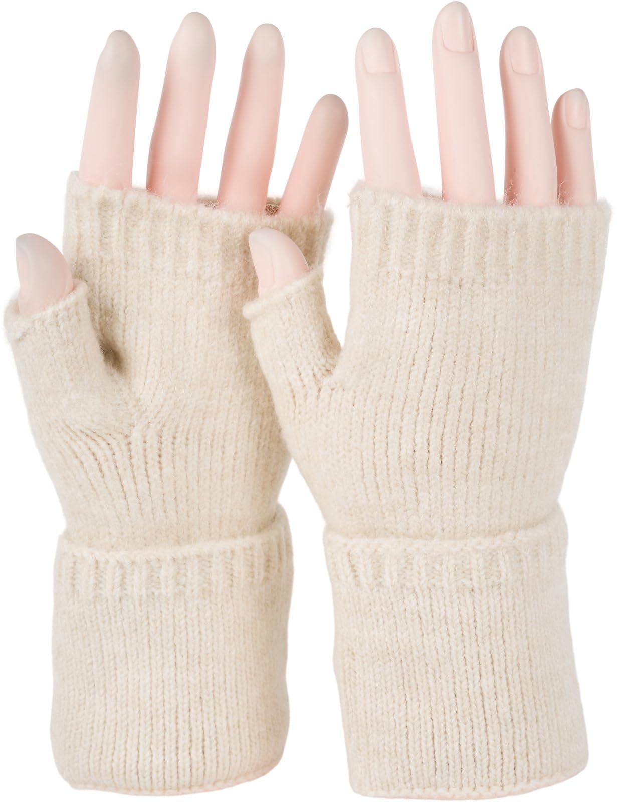 Stylebreaker Women's Beige Fingerless Knitted Gloves Unicoloured With Cuff, Warm Winter Gloves 09010052, Colour: