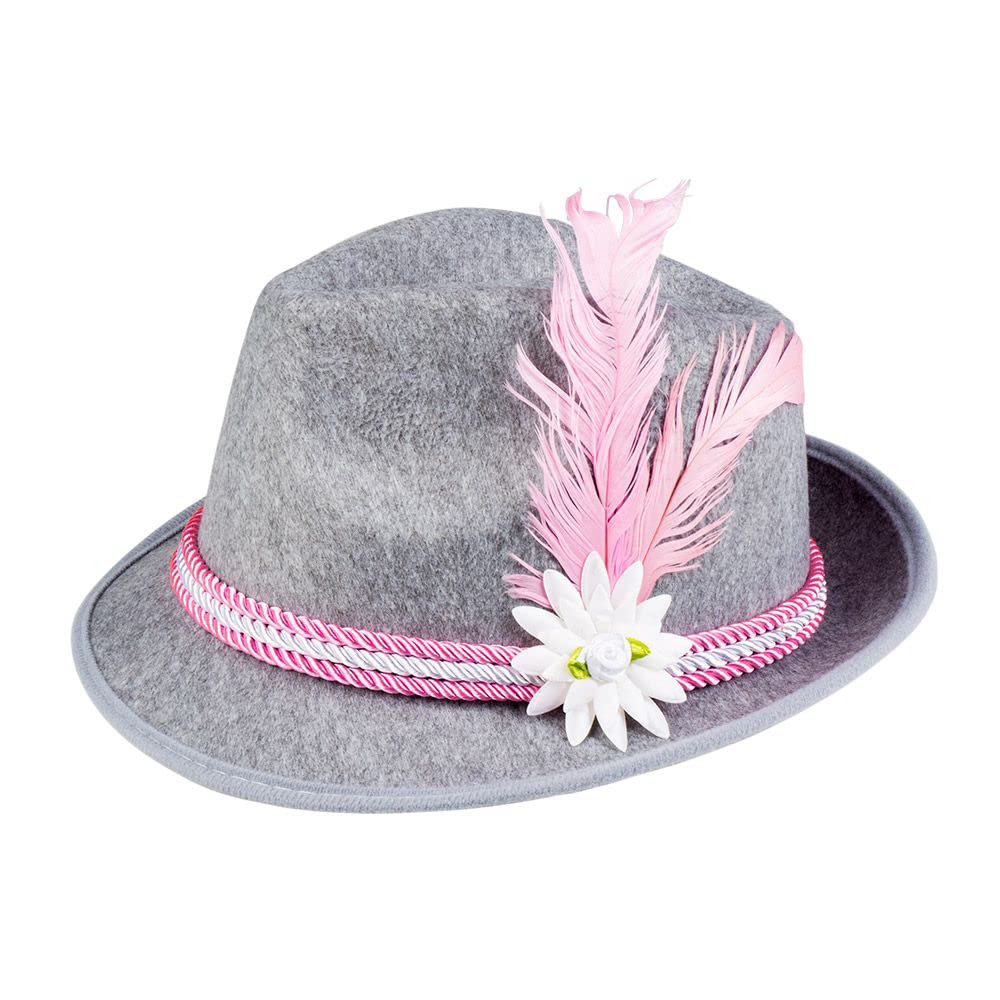 Boland Oktoberfest Tyrolean Hat for Adults – Grey Felt Bavarian Hat with Pink Feather & Edelweiss Flower – Traditional Alpine Fancy Dress Accessory for Beer Festivals, Hen Parties & Costume Events