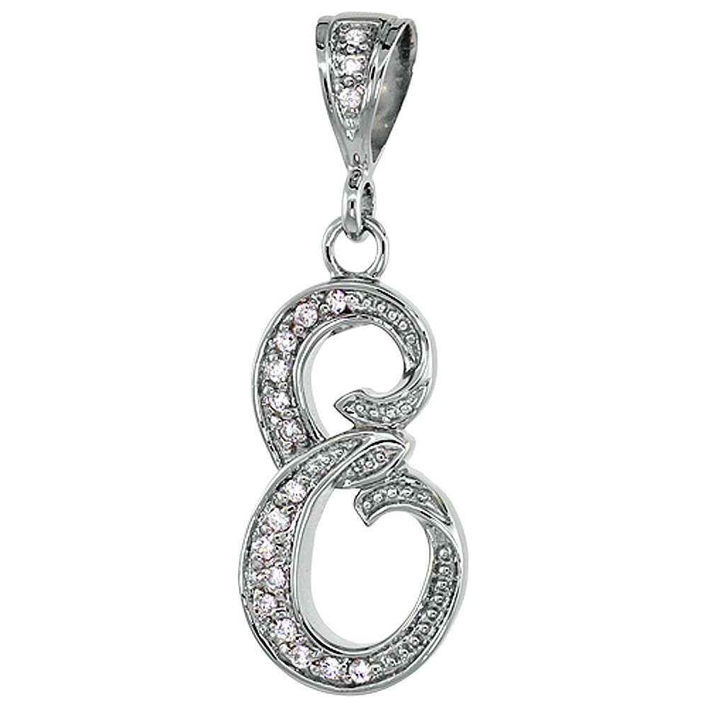 Sterling Silver Large Script Initial Letter A Pendant w/Cubic Zirconia Stones, 1 1/2 inch high