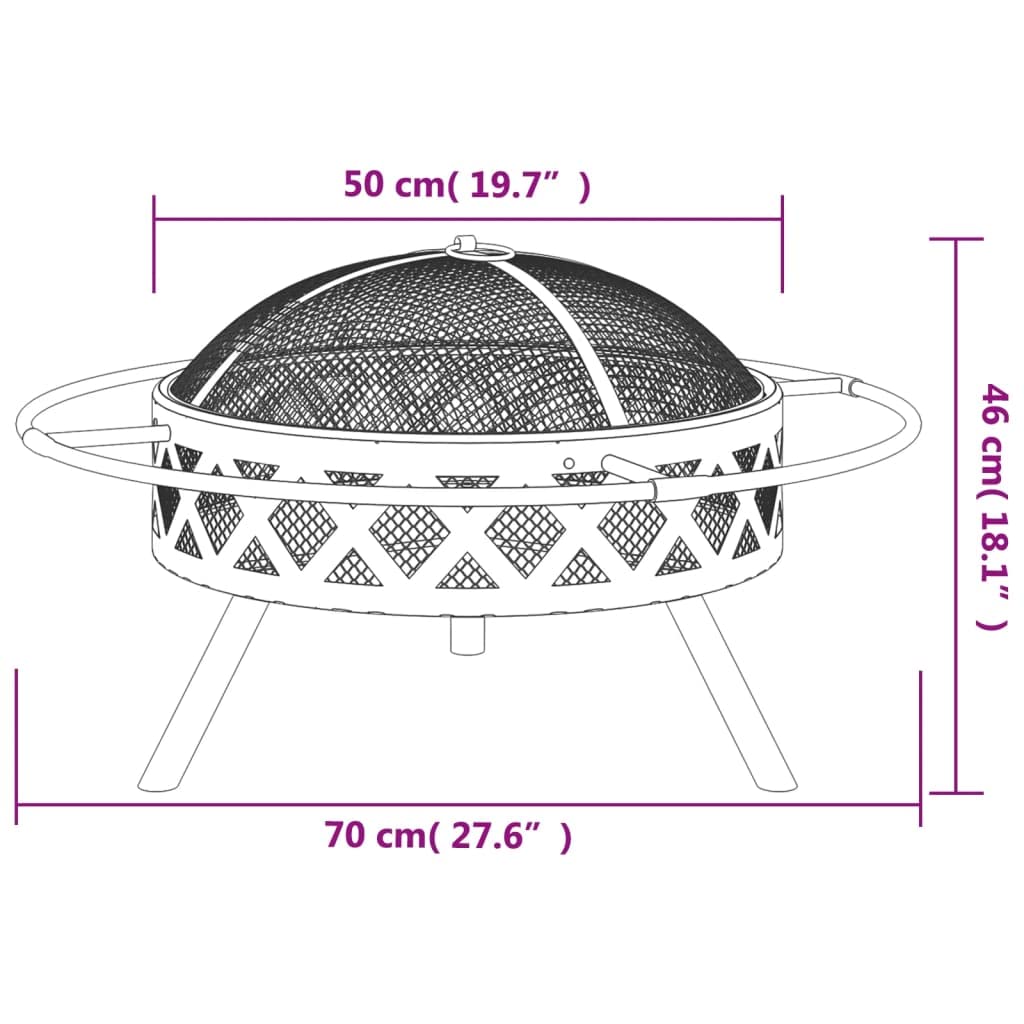 Palenisko z pogrzebaczem 70 cm XXL ze stali, 70 x 70 x 46 cm, z ochroną przed iskrami, do ogrodu, na taras, do dużych palenisk i ciepła
