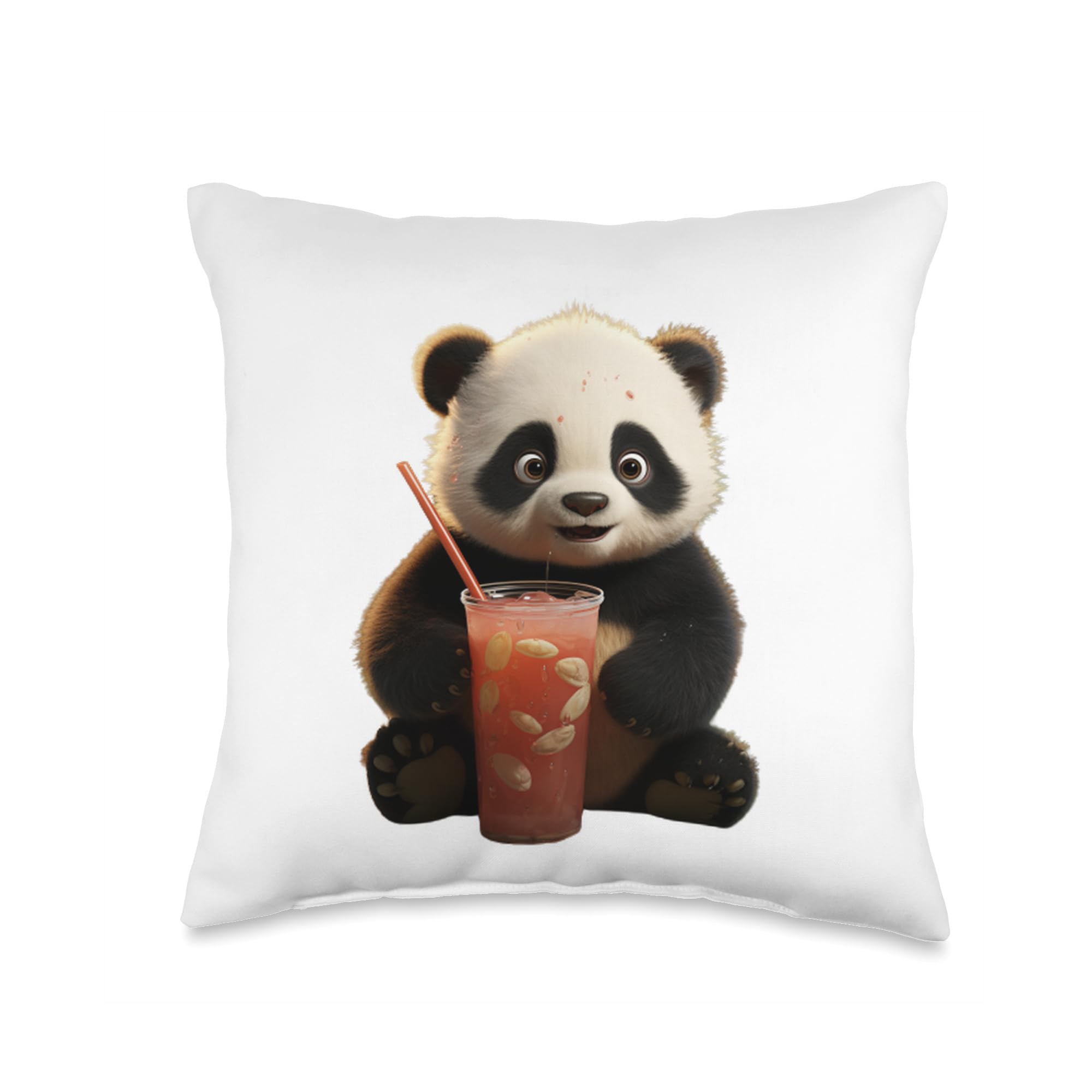 Thirsty Lemonade Stand Soft Drink Fizzy Straw Gift Drinking Lemonade Panda Soda Pop Summer Teddy Bears Throw Pillow, 16x16, Multicolor