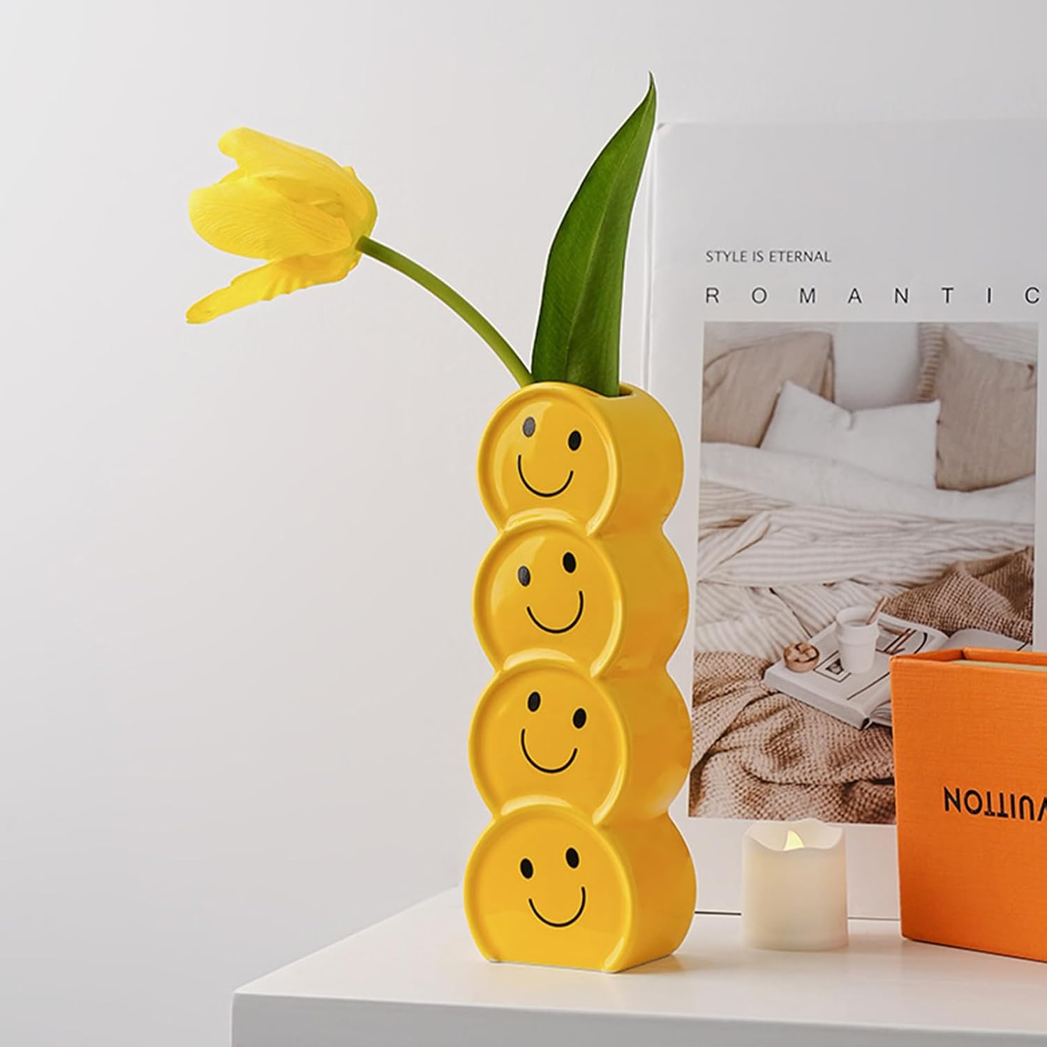 Smile Face Ceramic Vase, 7.3in Glossy Yellow Happy Face Home Office Decor, Playful Desk Ornament for Office, Mood Boosting Gift Men Women