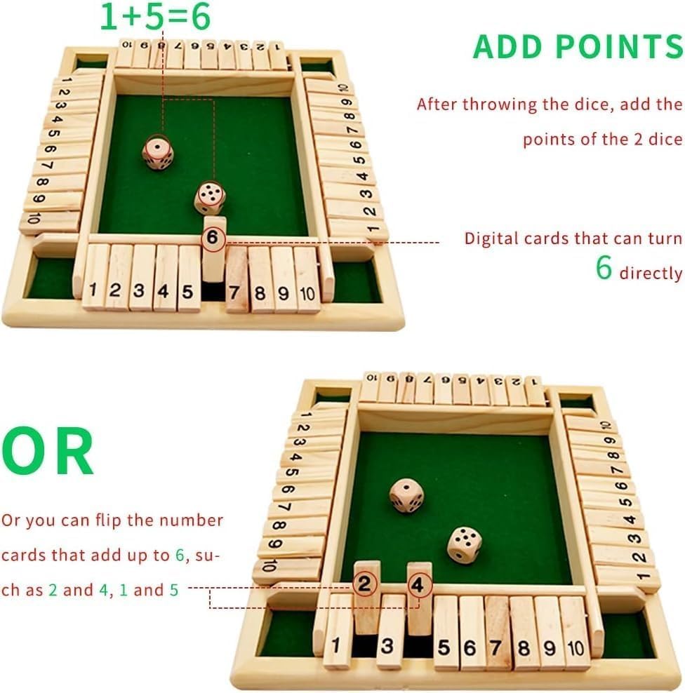 Image of Wooden Shut The Box Game for Kids & Adults | 4-Player Math Learning Board with Dice | Montessori Educational Toy | Wooden Number Flip Strategy Game | Family Board Game (Classic)