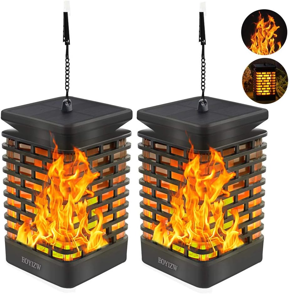EOYIZW Solar Lantern Lights Outdoor Flame Decor- Premium 99 LEDs Dancing Flame Flickering Solar Garden Ornaments Hanging Lantern- Waterproof LED Solar Deck Landscape Lighting for Patio Yard - 2 Pack [Energy Class A]