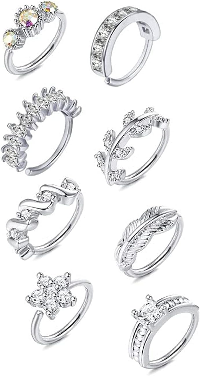 jaffiustJaffiust 8PCS Nose Ring with Mosaic Feather Cartilage Earrings, Nose Hole Jewelry for Women Men (White Gold)