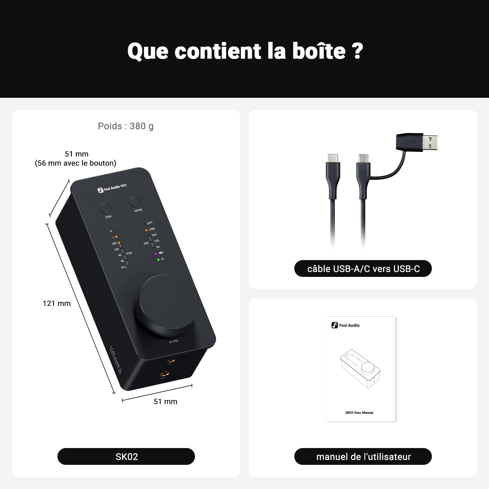 Fosi Audio SK02 DAC Amplificateur de Casque USB C à AUX Adaptateur Convertisseur Audio Numérique à Analogique Préamplificateur Optique à 3.5mm 4.4mm Balanced Combo pour Système Audio Domestique