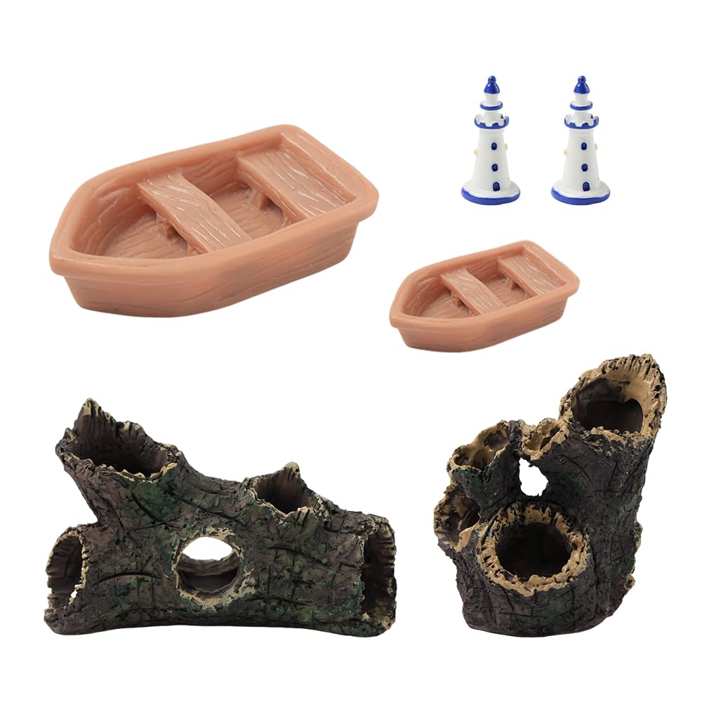 SHIDXIB 6Pcs Small Boat and Blue White Lighthouse and Artificial Tree Stump Resin Statue Micro Landscape Decorations DIY Landscaping Decoration Accessories
