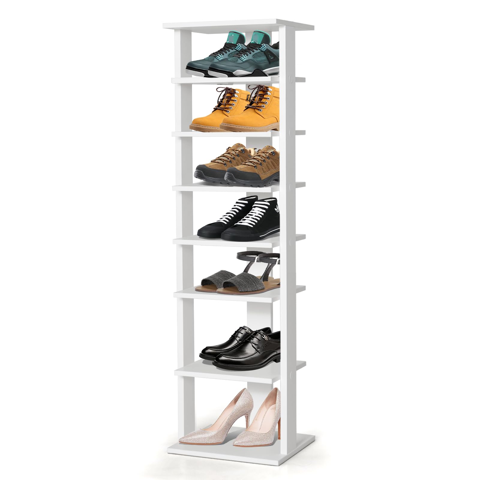 HOMASIS Zapatero de Madera, Zapatero Individual de 7 Niveles, en Panel de Madera MDF con Dispositivo antivuelco, Estante de Almacenamiento Independiente para Zapatos, 28,5x25,5x110cm (Blanco)