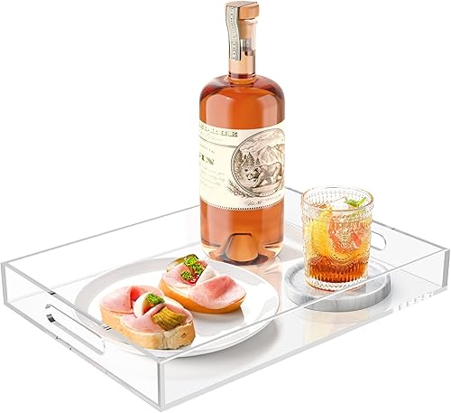 Bandejas de acrílico con asas, bandejas rectangulares resistentes de desayuno de 16 x 12 pulgadas, bandejas decorativas transparentes para