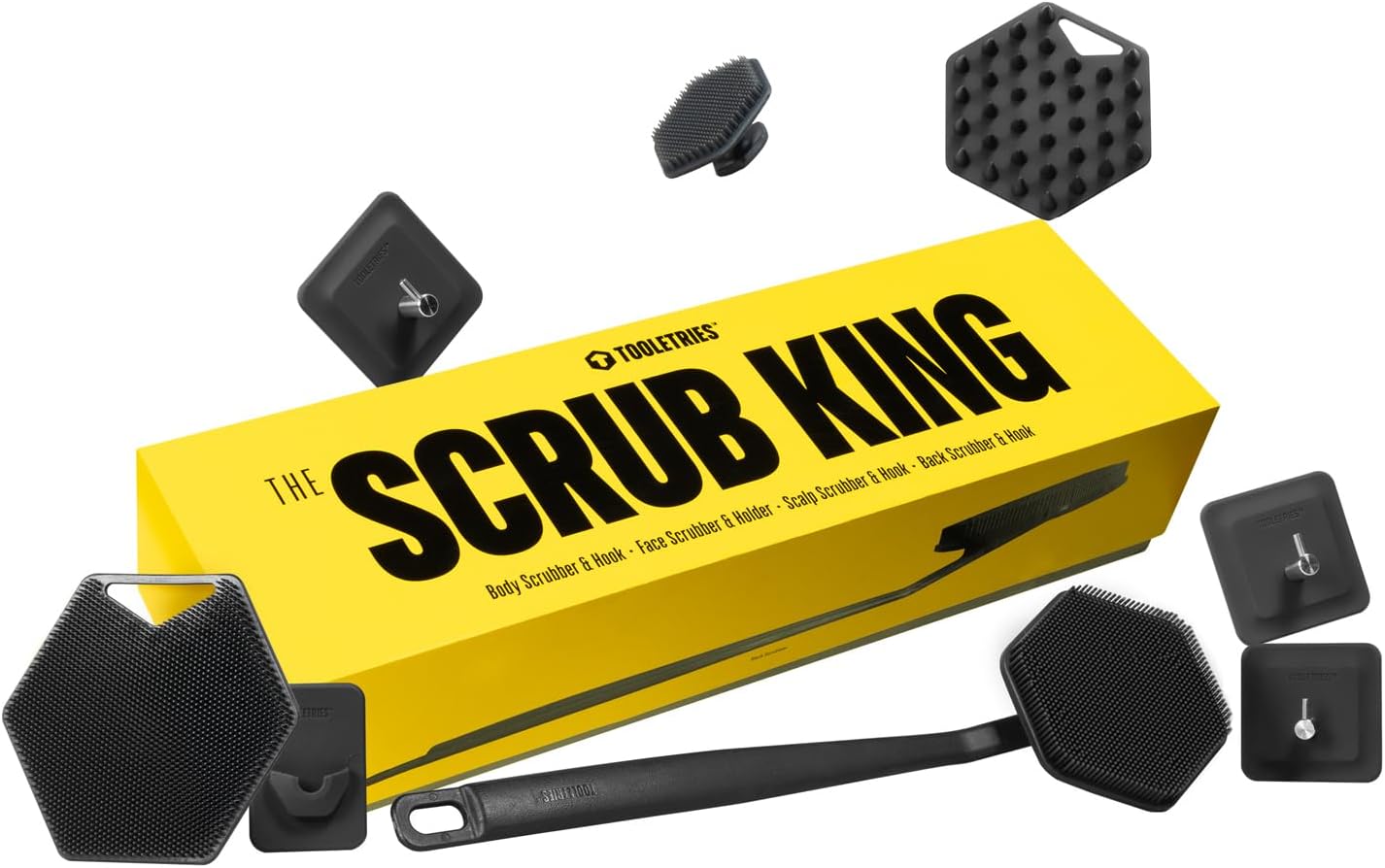 TOOLETRIES The Scrub King-Silicone Scrubber Set for Men-Includes Back &Blood_Circulation Scrubbers,Face Body Brush,Scalp Massager,3 Storage Hooks,& Holder-Shower&Bathroom Hygiene Accessories-Charcoal