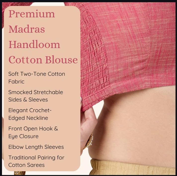 Image of Studio Shringaar Women's Handloom Cotton Side Stretchable (Smocked) Readymade Saree Blouse with Crochet Neckline