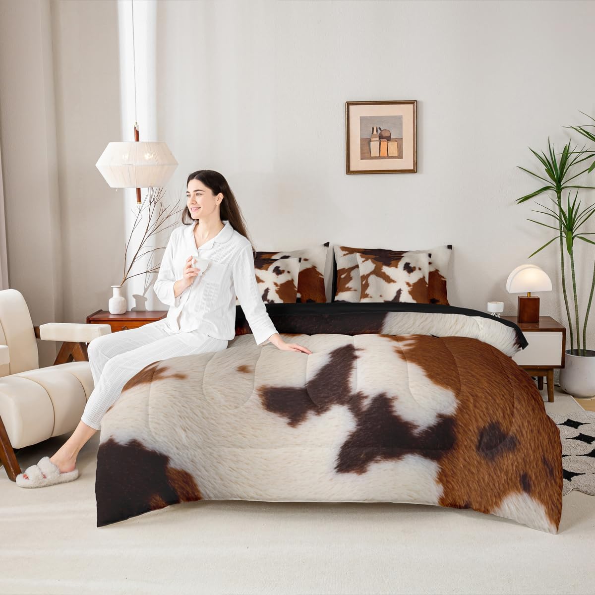 Erosebridal Cowhide Queen Size Comforter Set, Western Farm Animal Fur 7-Piece Bed in A Bag, Brown White Cow Print Sheets and Pillowcases, Wildlife Rustic Farmhouse Bedding Set Room Decor