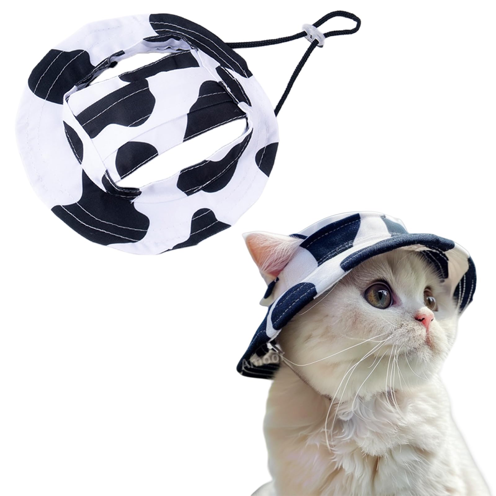 Dog Sun Hat,1PC Adjustable Princess Dog Bucket Hat with Ear Holes,Round Brim Dogs Visor Cap Pet Fisherman Hats for Pupies Small Dogs Cat Outdoor Sport (Black White, S)