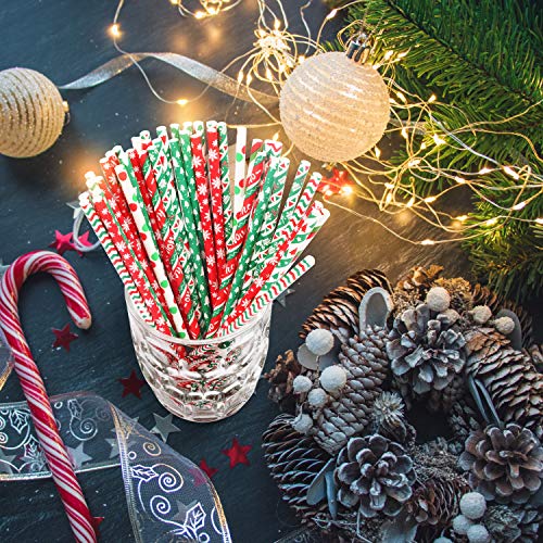 Kerstpapieren rietjes (200 Pack) - Biologisch afbreekbare, tweekleurige kerstthema-decoratieve papieren rietjes in 8… - Image 5