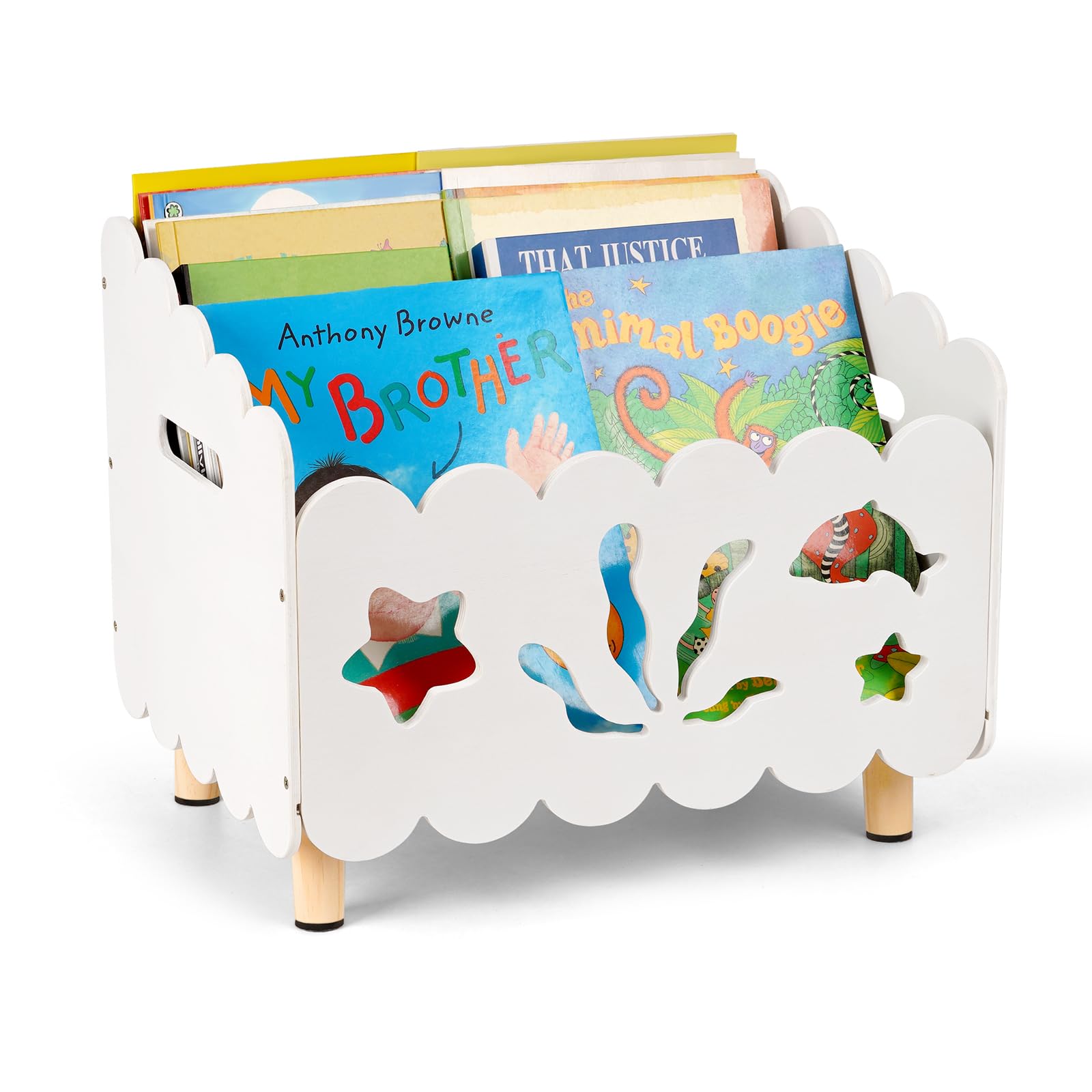 Liitrton Wood Kids Bookshelf for Kids Rooms, Toddler Montessori Bookshelf with 3 Adjustable Dividers, Small Kid Bookcase for Nursery Book Toy Storage