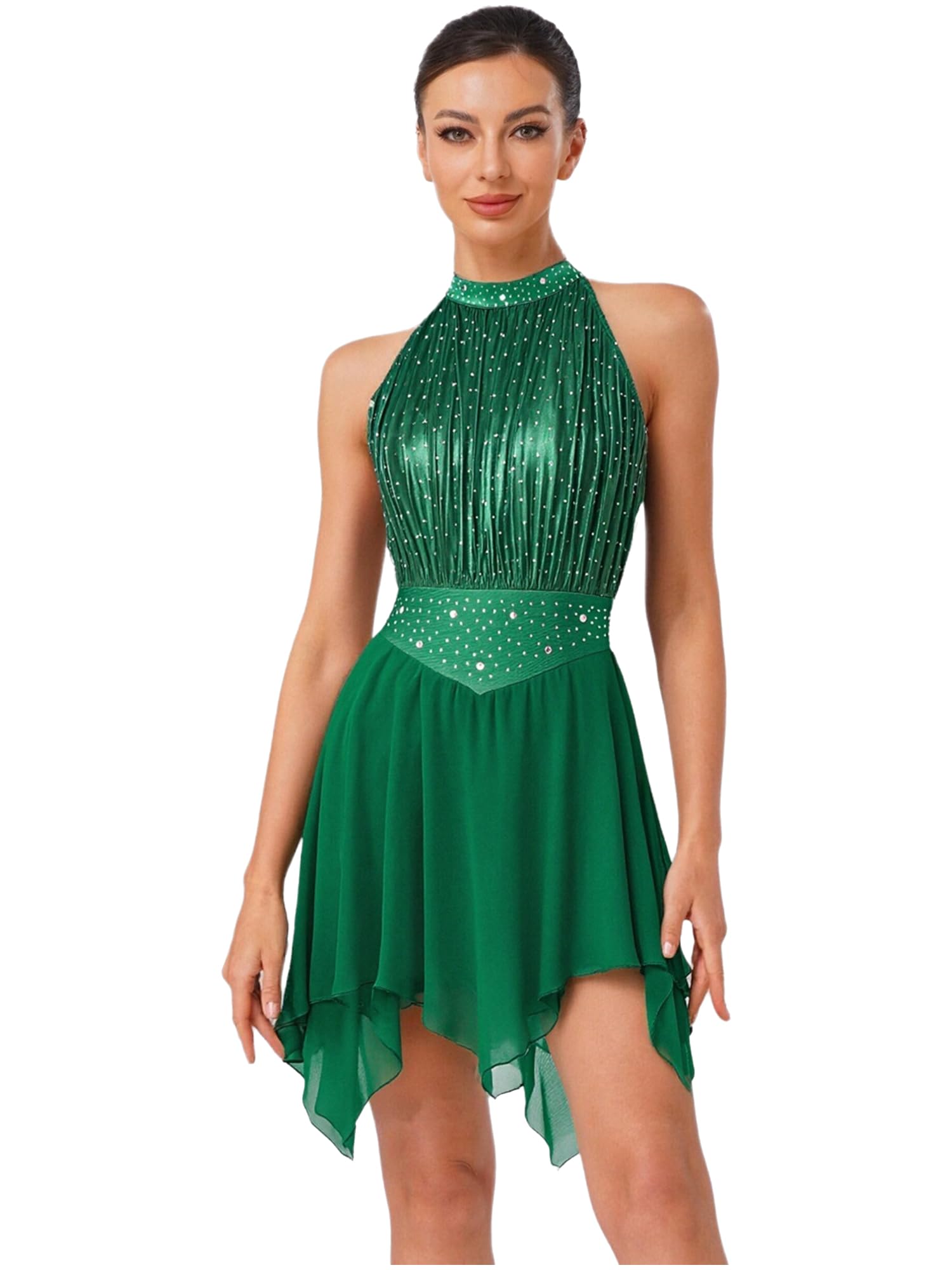 Oyolan Femme Robe Danse Latine Salsa Rumba Cha Cha Strass sans Manches Justaucorps Patinage Artistique Gymnastique Tenue