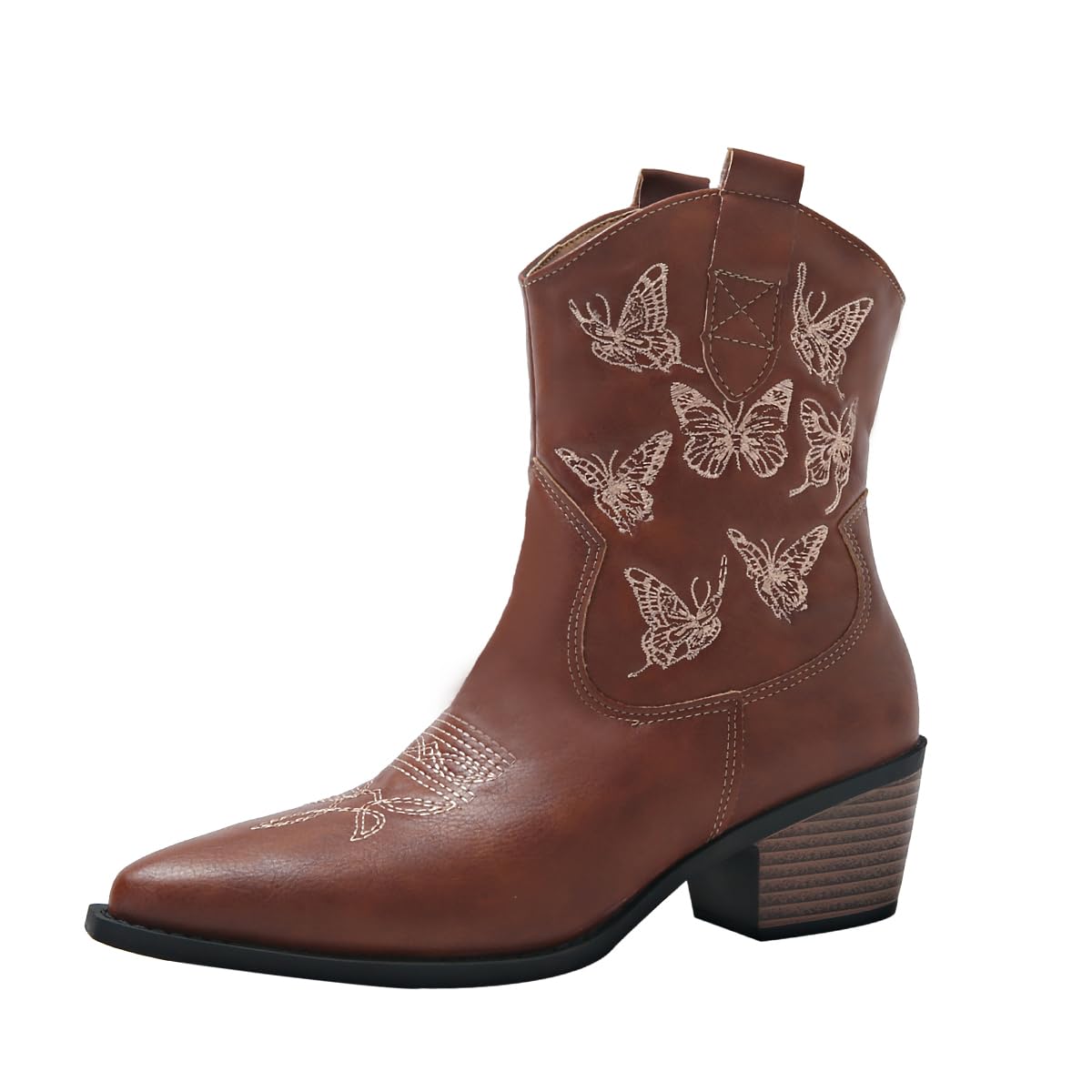 Cowboy Boots for Women Mid Calf Cowgirl Western Boots Butterfly Embroidery Stitched Pointed Toe Low Heel Ankle Boots