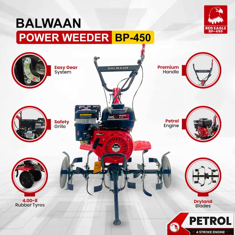 Image of Balwaan Krishi Power Weeder with 212 CC 4-Stroke Petrol Engine (Red&Black) | for Inter-Weeding in Hilly Regions with 24 Blades, 30 inch Width & 10 inch Cultivation Depth, Lightweight & Easy Handling | BP-450