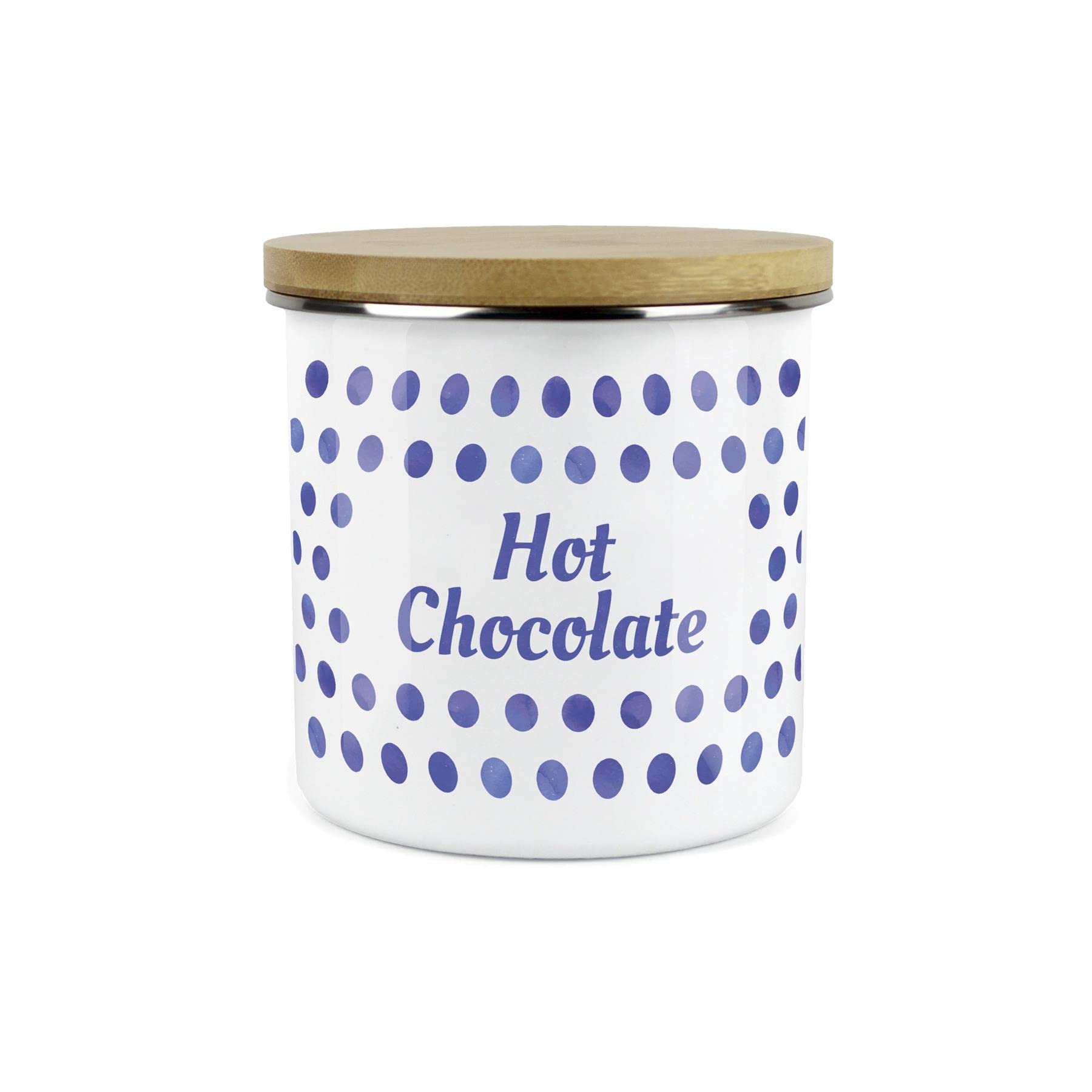 Purely Home Hot Chocolate Indigo Polka Dots Spots Canister - White Metal Enamel Kitchen Food Storage Container