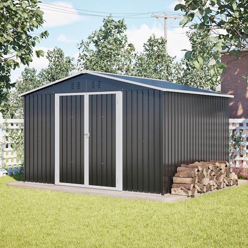 Caseta de jardín de metal 300 x 252 x 191 cm, cobertizo de metal XXXL, cobertizo con techo a dos aguas, puertas correderas con cerradura, marco de acero reforzado (A)